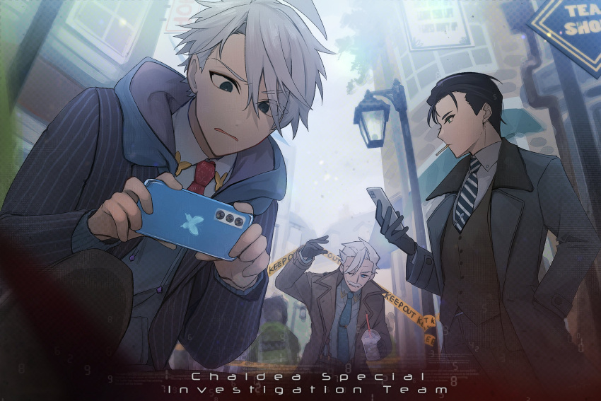 3boys, ahoge, black_gloves, black_hair, cellphone, cigarette, contemporary, cup