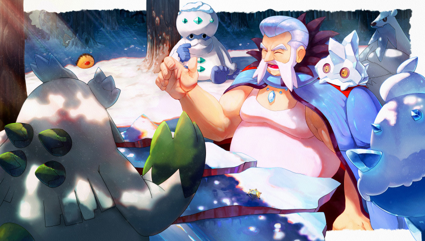 1boy, abomasnow, absurdres, aurorus, avalugg, beartic, bergmite, blue_jacket