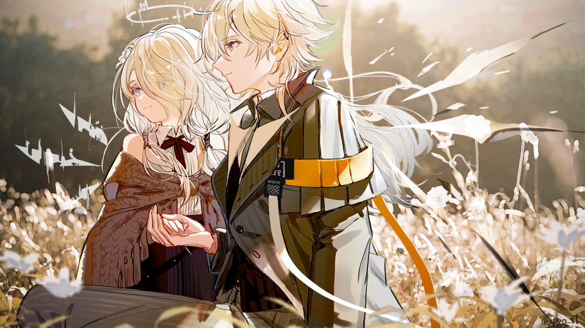 1boy, 1girl, arknights, bare_shoulders, black_skirt, black_vest, blonde_hair, blue_eyes