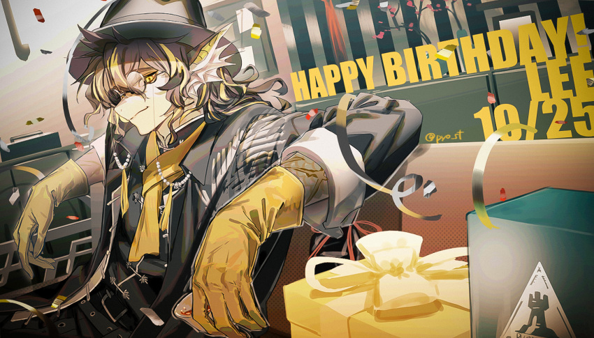 1boy, arknights, arms_up, bangs, belt, black_coat, black_hair, black_headwear