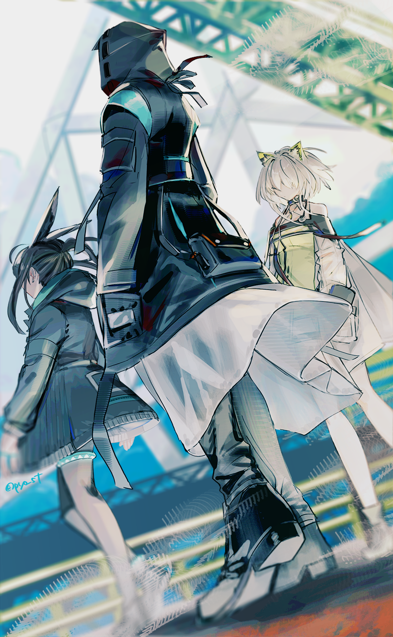 amiya_(arknights), animal_ears, arknights, bare_shoulders, black_coat, black_footwear, black_gloves, black_hair