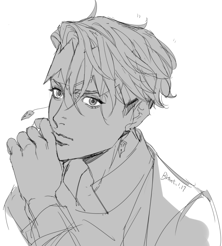 1boy, brant0815, closed_mouth, collared_shirt, diamond_wa_kudakenai, earrings, greyscale, hand_to_own_mouth, headband, jewelry, jojo_no_kimyou_na_bouken, kishibe_rohan, male_focus, monochrome, shirt, short_hair, solo, upper_body, white_background