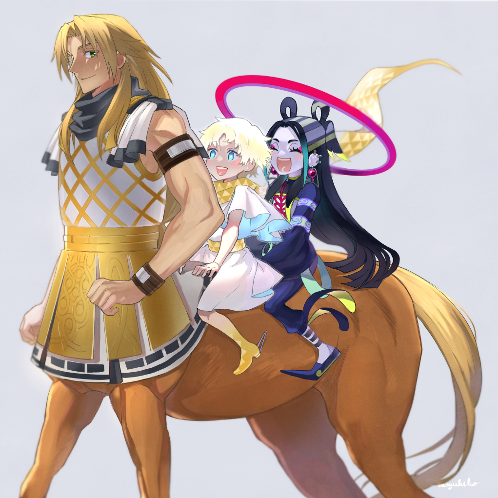 3boys, :d, ^_^, aqua_eyes, arm_strap, armor, black_hair, blonde_hair