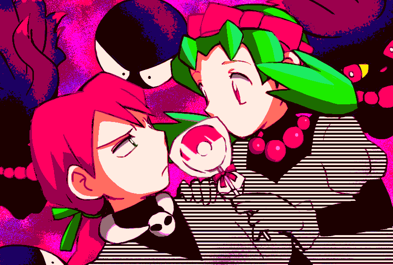 1boy, 1girl, alternate_costume, alternate_hairstyle, bangs, bead_necklace, beads, black_shirt