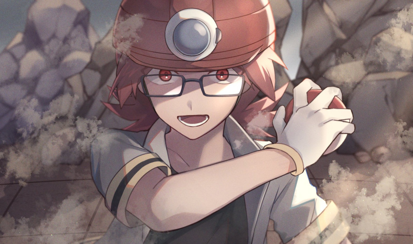 1boy, black-framed_eyewear, black_shirt, commentary_request, glasses, gloves, grey_jacket, hand_up, helmet, highres, holding, holding_poke_ball, jacket, male_focus, poke_ball, poke_ball_(basic), pokemon, pokemon_(game), pokemon_dppt, red_eyes, red_headwear, redhead, roark_(pokemon), rock, shirt, short_sleeves, sioinari_03, solo, upper_body, white_gloves
