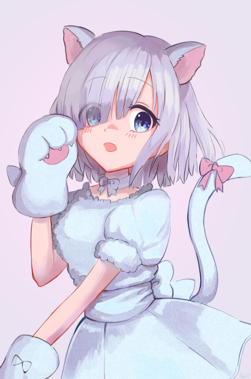 1girl, :o, animal_ears, animal_hands, back_bow, bangs, blue_eyes, blunt_bangs, blush, bow, cat_ears, cat_tail, choker, cowboy_shot, diagonal_bangs, dot_nose, eyes_visible_through_hair, fur_shirt, gloves, grey_hair, hair_over_one_eye, hand_up, highres, isuzu_ren, long_bangs, looking_at_viewer, magia_record:_mahou_shoujo_madoka_magica_gaiden, mahou_shoujo_madoka_magica, medium_hair, nacky0610, open_mouth, paw_gloves, pink_background, puffy_short_sleeves, puffy_sleeves, ribbon_choker, shirt, short_sleeves, skirt, solo, tail, translucent_hair, white_choker, white_gloves, white_shirt, white_skirt, white_tail