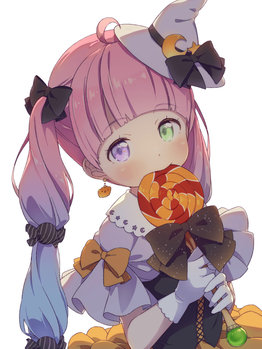 1girl, ahoge, bangs, black_ribbon, blush, candy, candy_cane, candy_hair_ornament