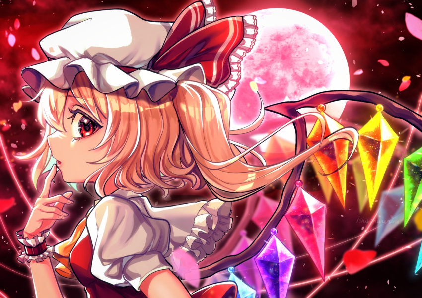 1girl, ascot, blonde_hair, breasts, crystal, finger_to_mouth, flandre_scarlet, frilled_shirt_collar