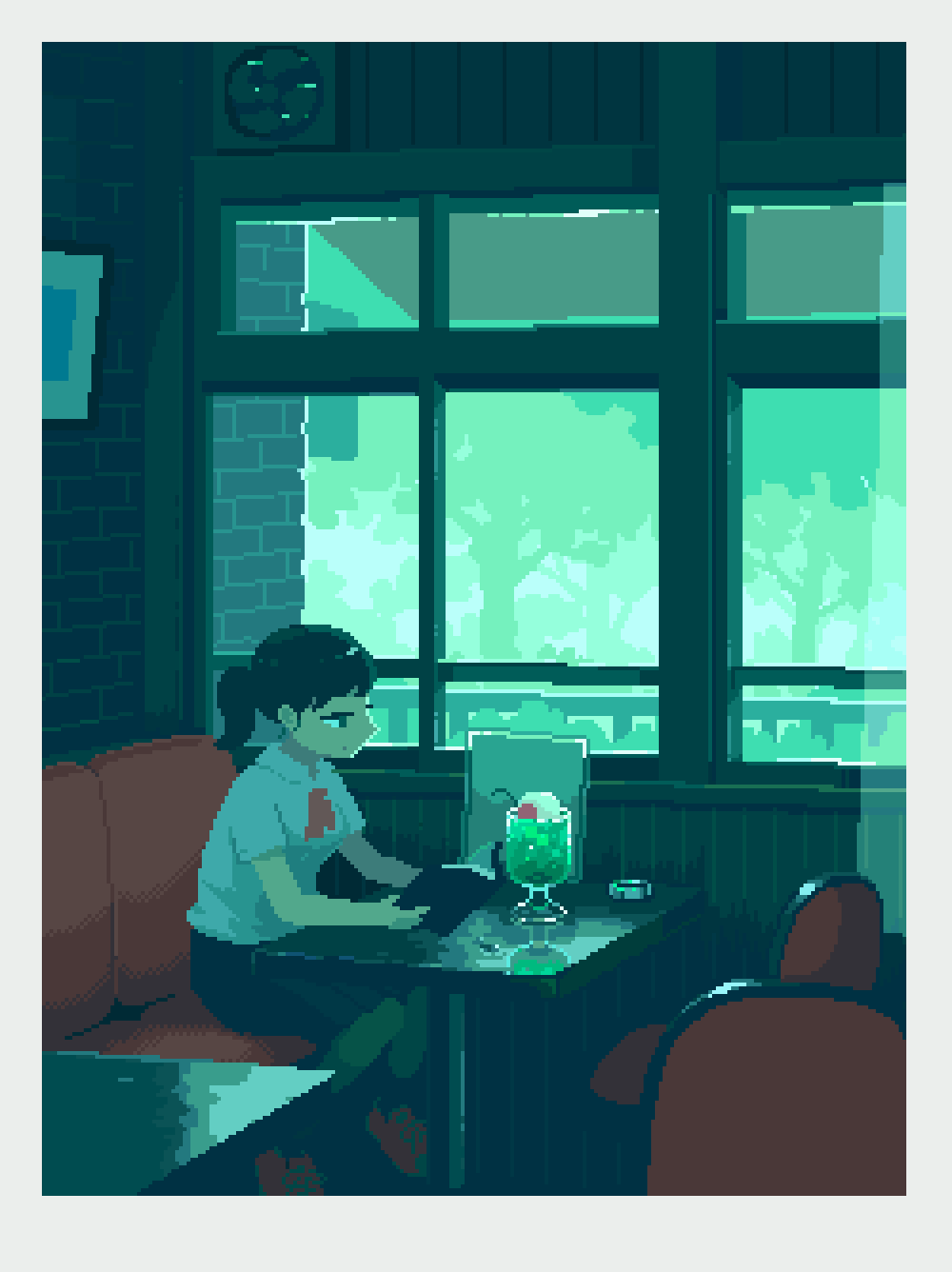 1girl, animated, animated_gif, black_skirt, booth_seating, chair, cherry, collared_shirt