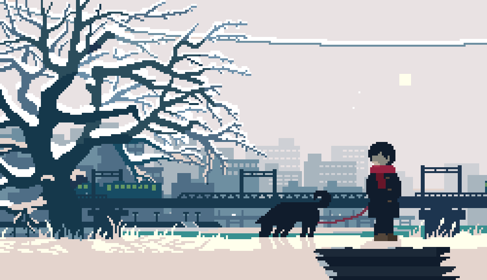androgynous, animated, animated_gif, black_hair, blue_coat, bridge, city, coat