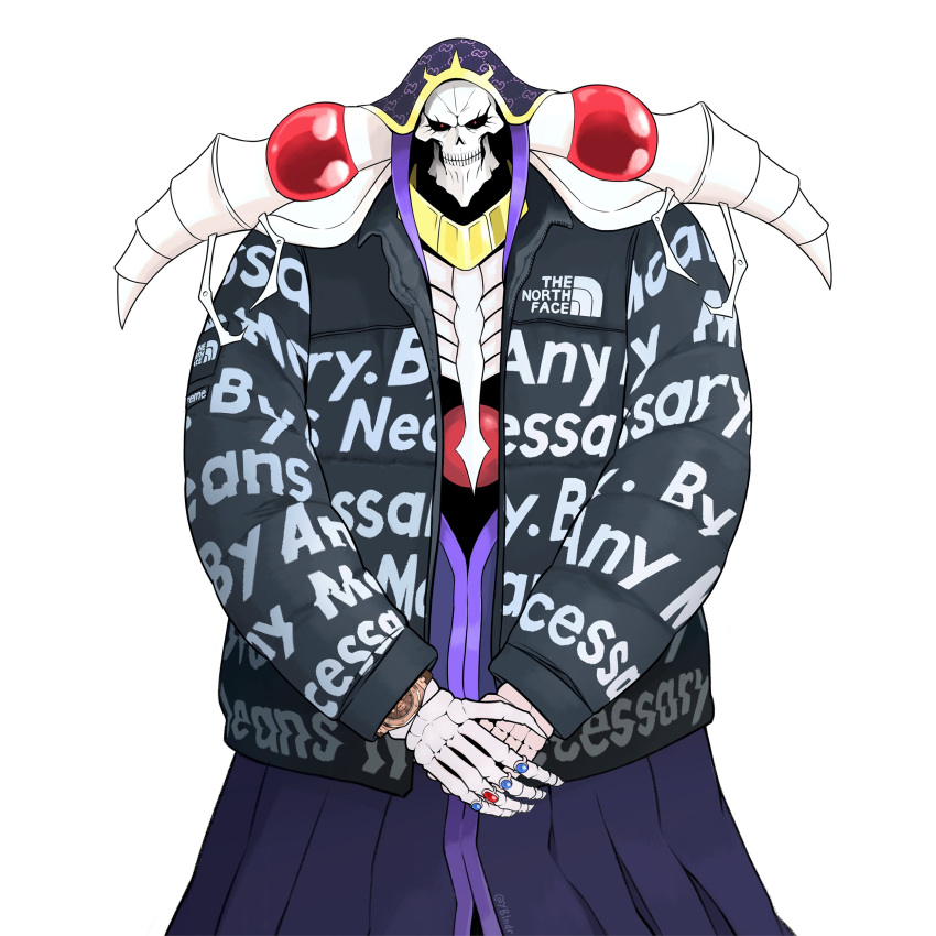 1boy, absurdres, ainz_ooal_gown, artist_name, black_jacket, commentary, commission, drip_(meme), english_commentary, flower, highres, jacket, jewelry, lich, looking_at_viewer, meme, overlord_(maruyama), own_hands_together, purple_flower, purple_rose, red_eyes, ring, rose, skeleton, skull, straight-on, the_north_face, upper_body, watch, yblndr