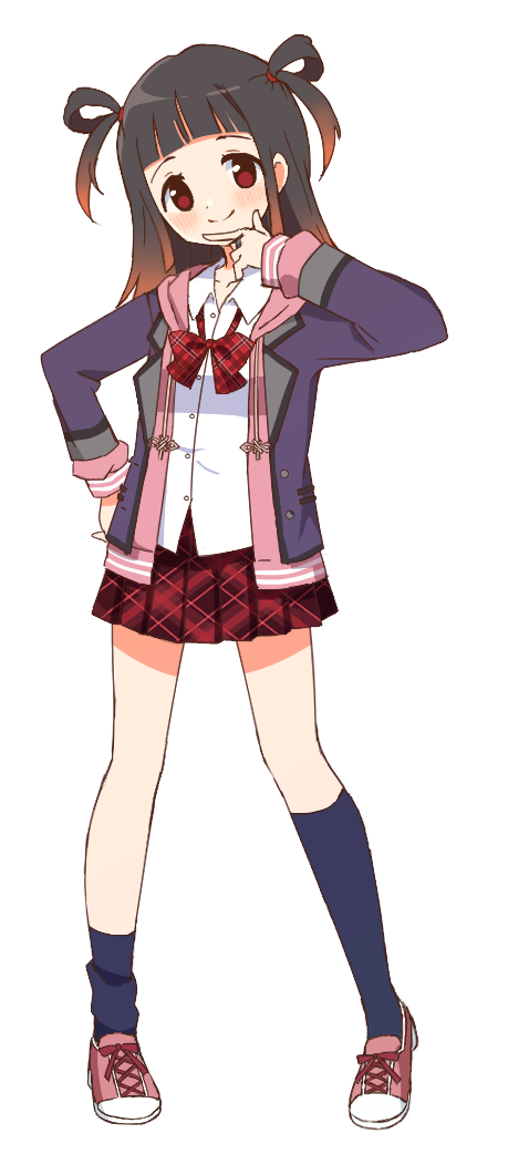 1girl, bangs, black_hair, blazer, blue_socks, blunt_bangs, blush, bow