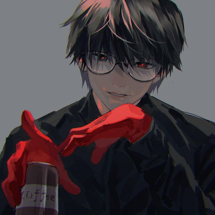 1boy, bangs, black-framed_eyewear, black_hair, black_reaper, black_shirt, can, coffee