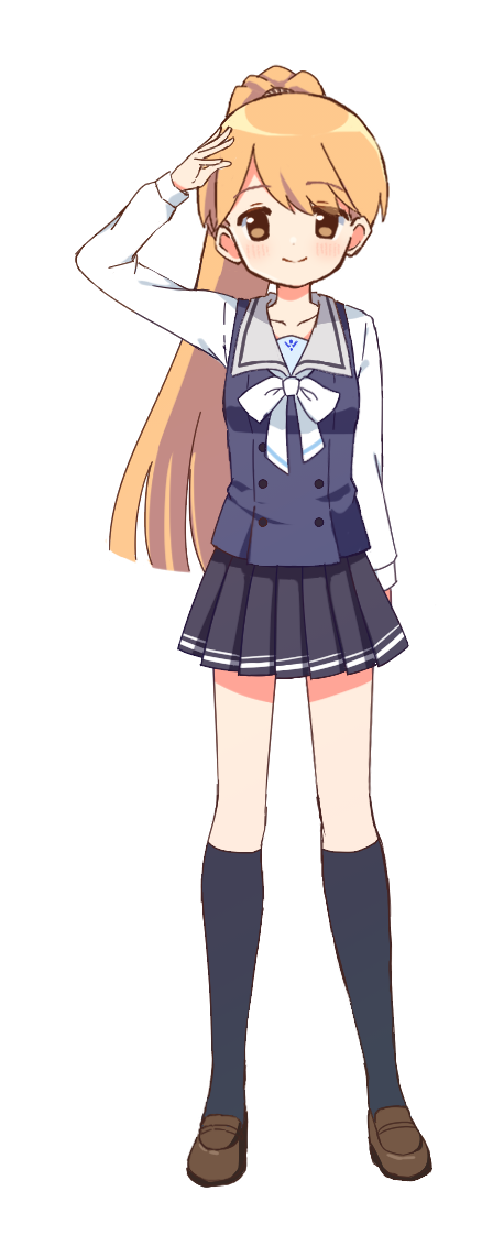 1girl, arm_at_side, arm_up, bangs, black_skirt, black_socks, blue_vest, blunt_ends