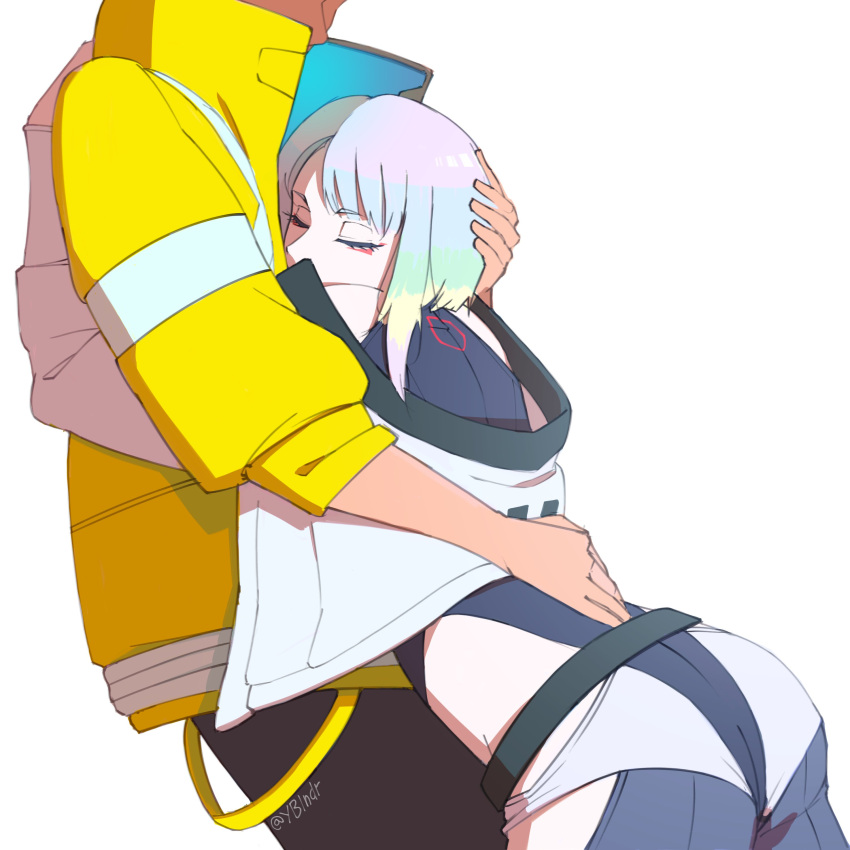 1boy, 1girl, absurdres, ass, bangs, bare_shoulders, black_leotard, brown_pantyhose, closed_eyes, cyberpunk_(series), cyberpunk_2077, cyberpunk_edgerunners, david_martinez, hand_on_another's_head, hands_on_another's_shoulders, head_out_of_frame, highres, hip_vent, hug, jacket, leaning_forward, leotard, lucy_(cyberpunk), makeup, multicolored_hair, open_clothes, open_jacket, pantyhose, parted_bangs, popped_collar, red_eyeliner, samurai_jacket_(cyberpunk), short_hair, simple_background, upper_body, waist_hug, white_background, white_hair, yblndr, yellow_jacket