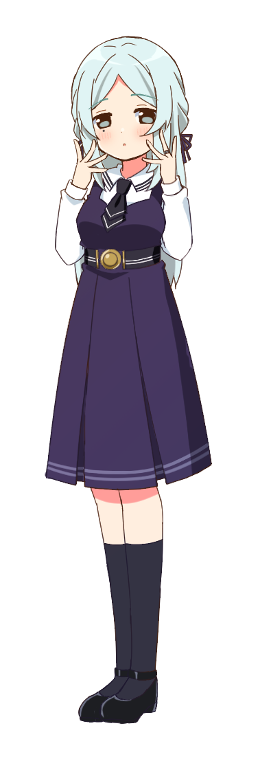 1girl, bangs, belt, black_footwear, black_necktie, black_socks, blue_belt, blue_dress