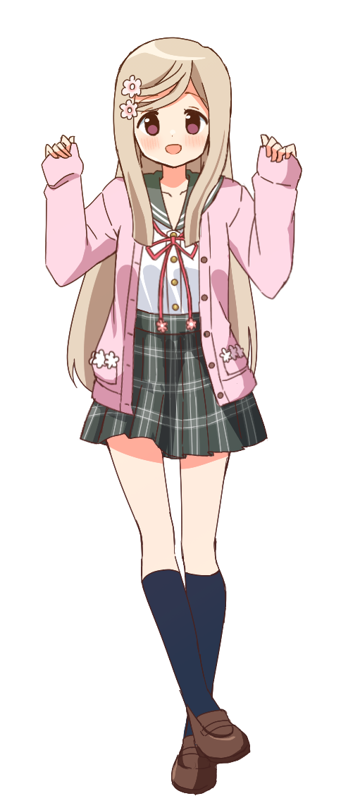 1girl, :d, bangs, blonde_hair, blue_socks, blush, brown_footwear, buttons, cardigan, dot_nose, flower, full_body, green_sailor_collar, green_skirt, hair_flower, hair_ornament, hands_up, kneehighs, kurusu_alexandra, loafers, long_hair, looking_at_viewer, magia_record:_mahou_shoujo_madoka_magica_gaiden, mahou_shoujo_madoka_magica, miniskirt, neck_ribbon, open_cardigan, open_clothes, open_mouth, pink_cardigan, pink_eyes, plaid, plaid_skirt, pleated_skirt, pocket, red_ribbon, ribbon, ruru_(rurumagi), sailor_collar, sailor_shirt, school_uniform, serafuku, shirt, shoes, sidelocks, simple_background, skirt, sleeves_past_wrists, smile, socks, solo, swept_bangs, transparent_background, very_long_hair, w_arms, white_flower, white_shirt, yunohana_international_school_uniform