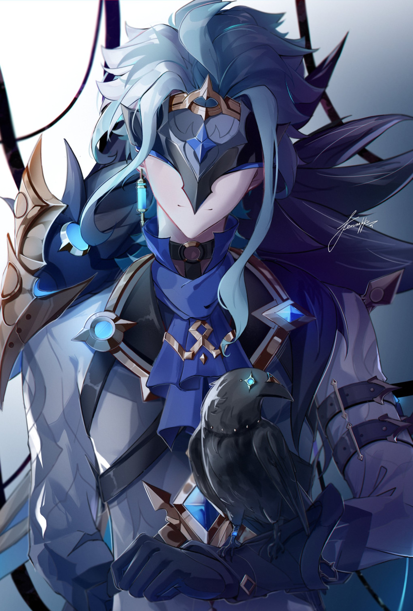 absurdres, bird, black_gloves, blue_hair, blue_scarf, crow, doctor, dottore_(genshin_impact)