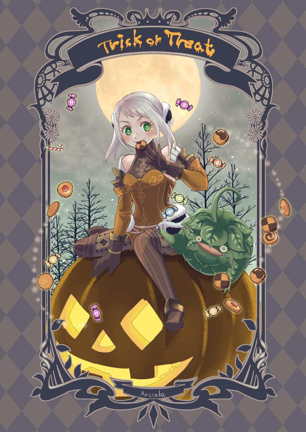 1girl, arciela_v_adoulin, cookie, food, framed, full_moon, green_eyes, grey_hair, halloween, highres, leafkin, moon, night, night_sky, pumpkin, sky, star_(sky), starry_sky, sweets