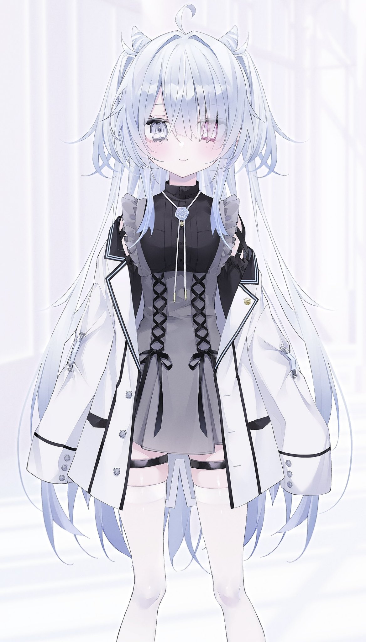 1girl, ahoge, black_dress, blue_hair, dress, hair_over_one_eye, heterochromia, highres, jacket, jewelry, light_blue_hair, long_hair, open_clothes, open_jacket, si10ra, socks, solo, two_side_up, vee_(vtuber), white_socks, yurikawa_yun