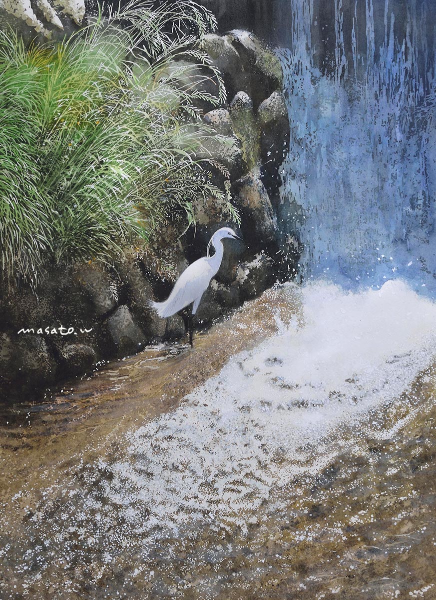 animal, animal_focus, artist_name, bird, commentary_request, day, grass, highres, little_egret, no_humans, original, outdoors, painting_(medium), rock, scenery, traditional_media, watanabe_masato, water, watercolor_(medium), waterfall
