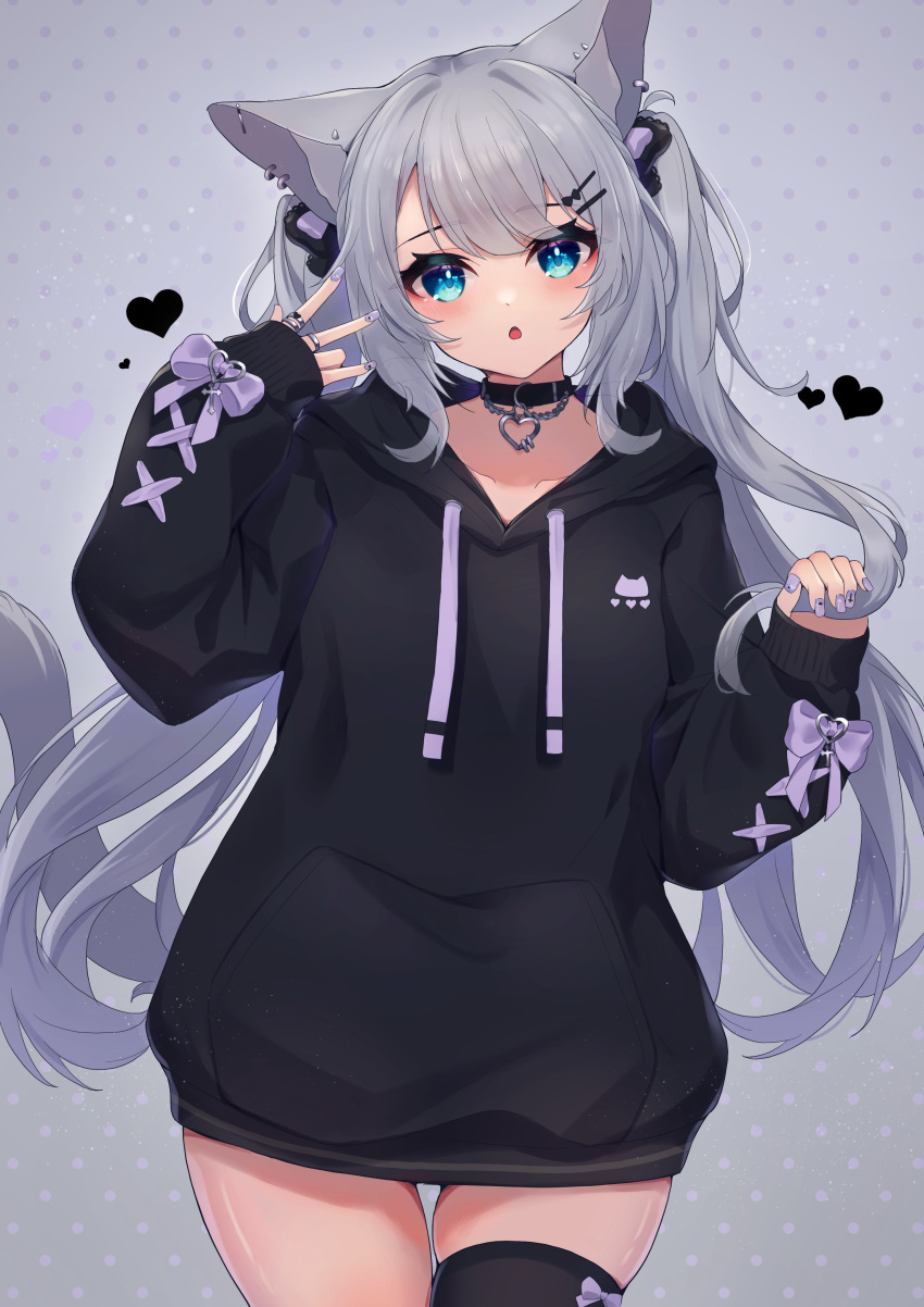 1girl, :o, absurdres, animal_ear_fluff, animal_ears, bangs, black_collar, black_hoodie, black_thighhighs, blue_eyes, bow, cat_ears, collar, collarbone, drawstring, ear_piercing, grey_background, grey_hair, hands_up, heart, highres, hinata_(user_rjkt4745), hood, hood_down, hoodie, jewelry, long_hair, long_sleeves, looking_at_viewer, nail_polish, original, parted_lips, piercing, polka_dot, polka_dot_background, puffy_long_sleeves, puffy_sleeves, purple_bow, purple_nails, ring, simple_background, skindentation, solo, thigh-highs, twintails, very_long_hair