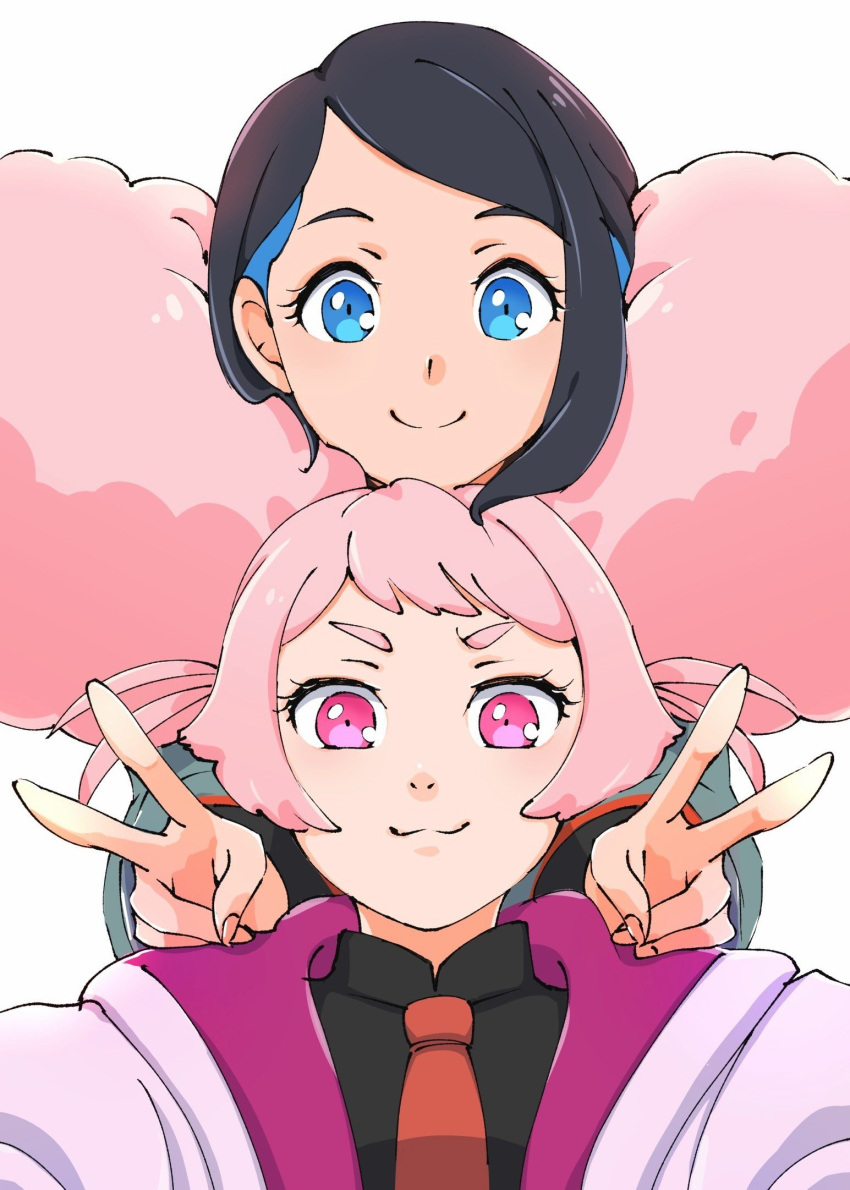 2girls, :3, afro_puffs, big_hair, black_hair, black_shirt, blue_eyes, blue_hair