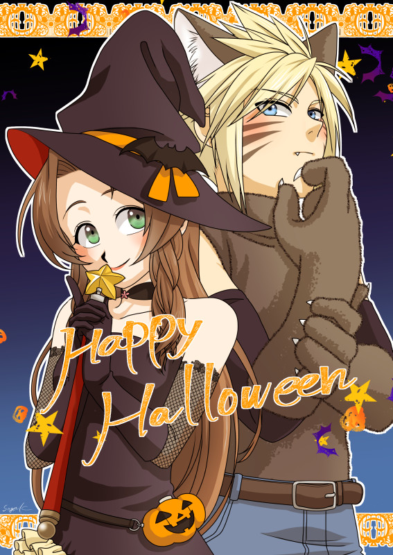 1boy, 1girl, aerith_gainsborough, alternate_costume, animal_ears, bangs, bare_shoulders, bat_ornament