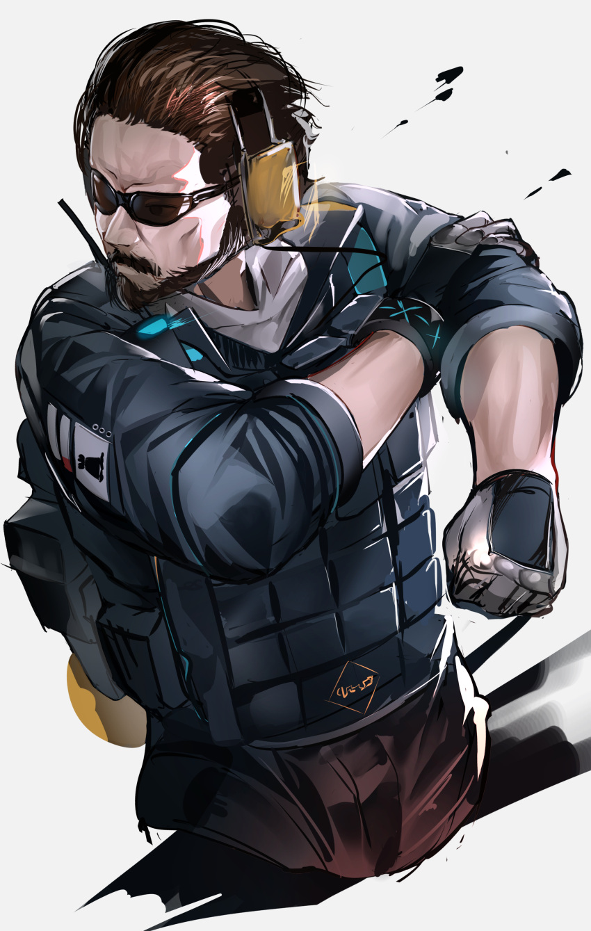 1boy, absurdres, ace_(arknights), arknights, beard, brown_hair, facial_hair, facing_to_the_side