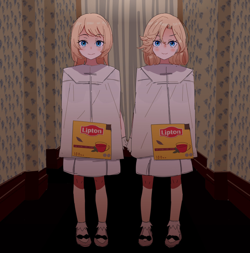 2girls, absurdres, blonde_hair, blue_eyes, blush, closed_mouth, dress, full_body