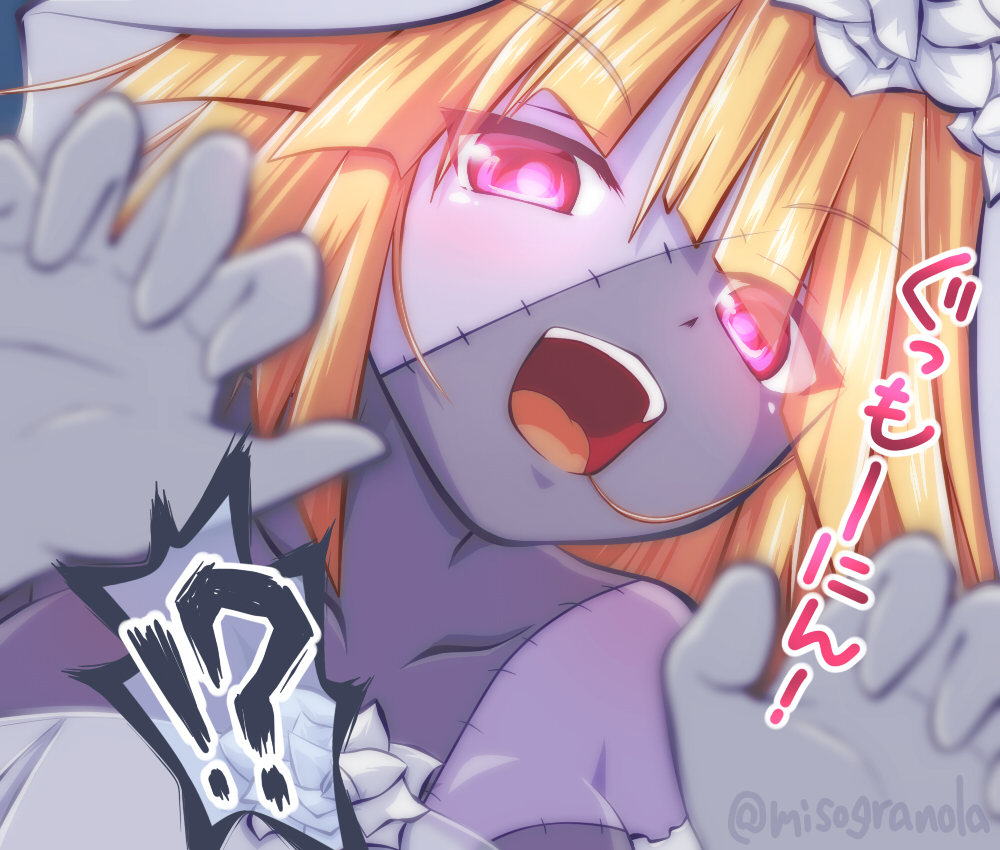 !?, 1girl, blonde_hair, blurry, bridal_veil, brooklyn_(kancolle), colored_skin, depth_of_field