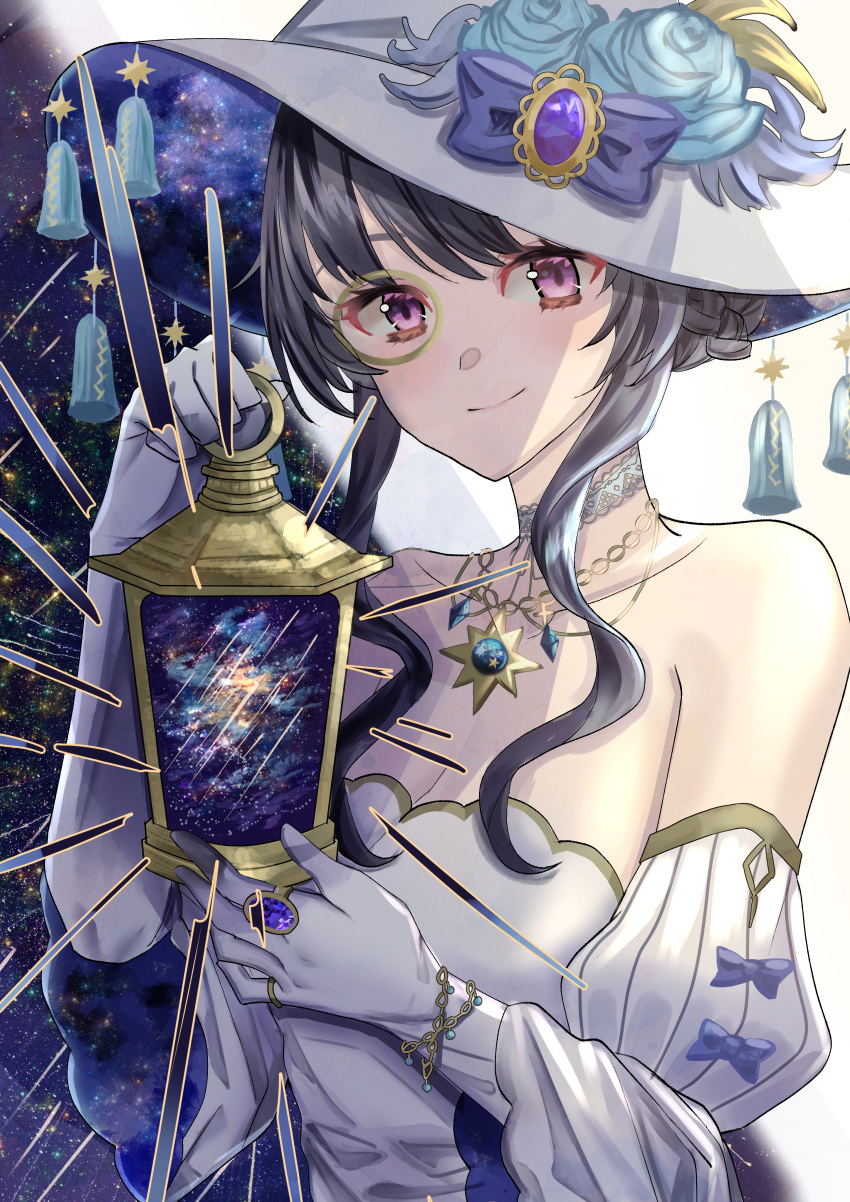 1girl, absurdres, bangs, black_hair, blue_flower, blue_rose, bow, closed_mouth
