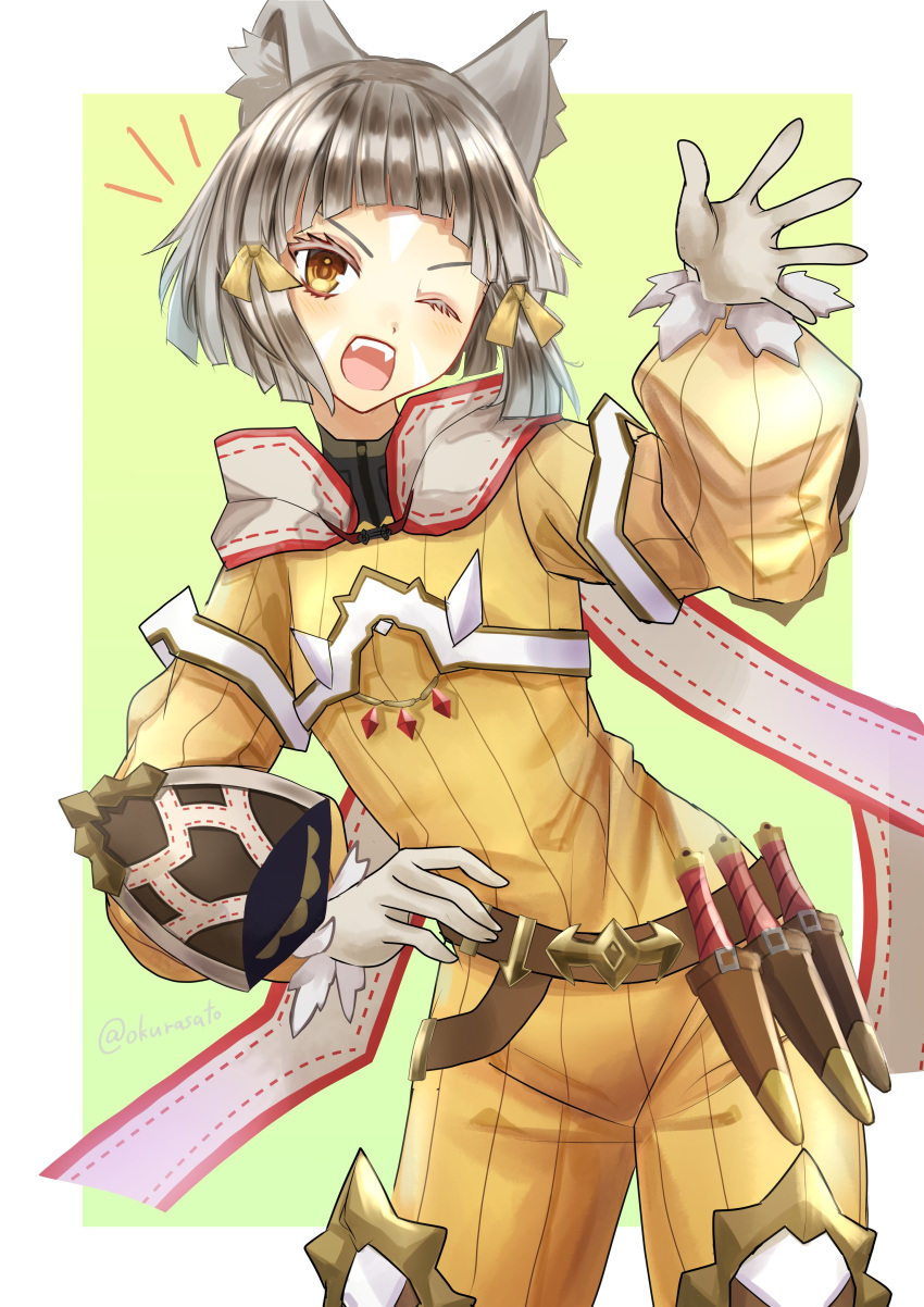 1girl, :d, absurdres, animal_ear_fluff, animal_ears, bangs, belt, border