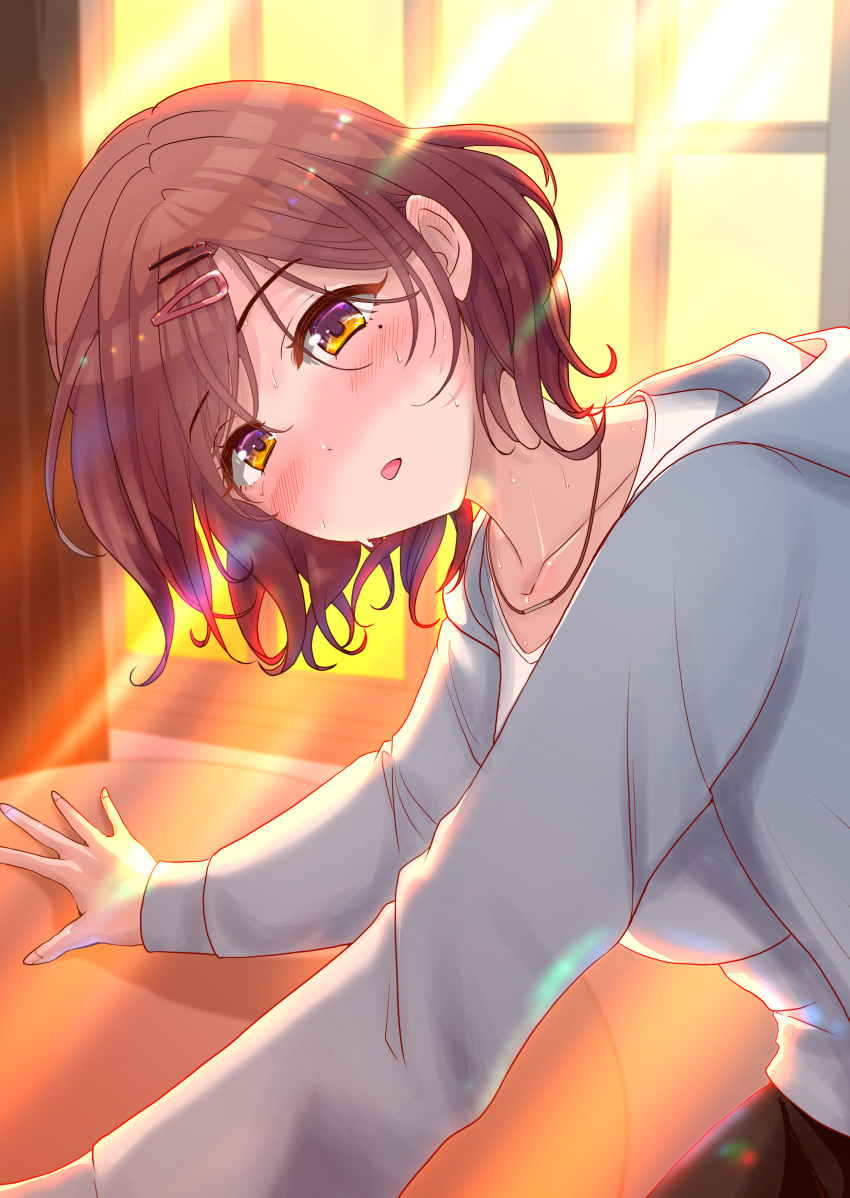 1girl, absurdres, bangs, blush, brown_hair, check_commentary, collarbone, commentary