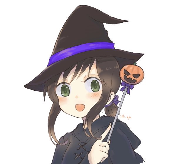 1girl, alternate_costume, black_hair, black_headwear, black_sweater, fubuki_(kancolle), green_eyes, hat, hood, hooded_sweater, hoodie, jack-o'-lantern, kantai_collection, karin., looking_at_viewer, low_ponytail, medium_hair, ponytail, short_ponytail, sidelocks, simple_background, smile, solo, sweater, upper_body, wand, white_background, witch_hat