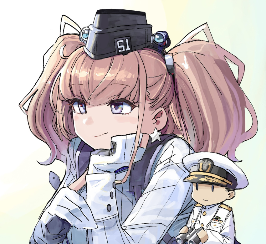1boy, 1girl, admiral_(kancolle), atlanta_(kancolle), binoculars, black_hair, black_headwear, brown_hair, closed_mouth, collared_shirt, earrings, garrison_cap, gloves, grey_eyes, hat, highres, holding, holding_binoculars, jewelry, kantai_collection, long_hair, long_sleeves, military, military_uniform, mizuki_kyou, naval_uniform, partially_fingerless_gloves, peaked_cap, shirt, short_hair, single_earring, smile, star_(symbol), star_earrings, two_side_up, uniform, white_headwear, white_shirt