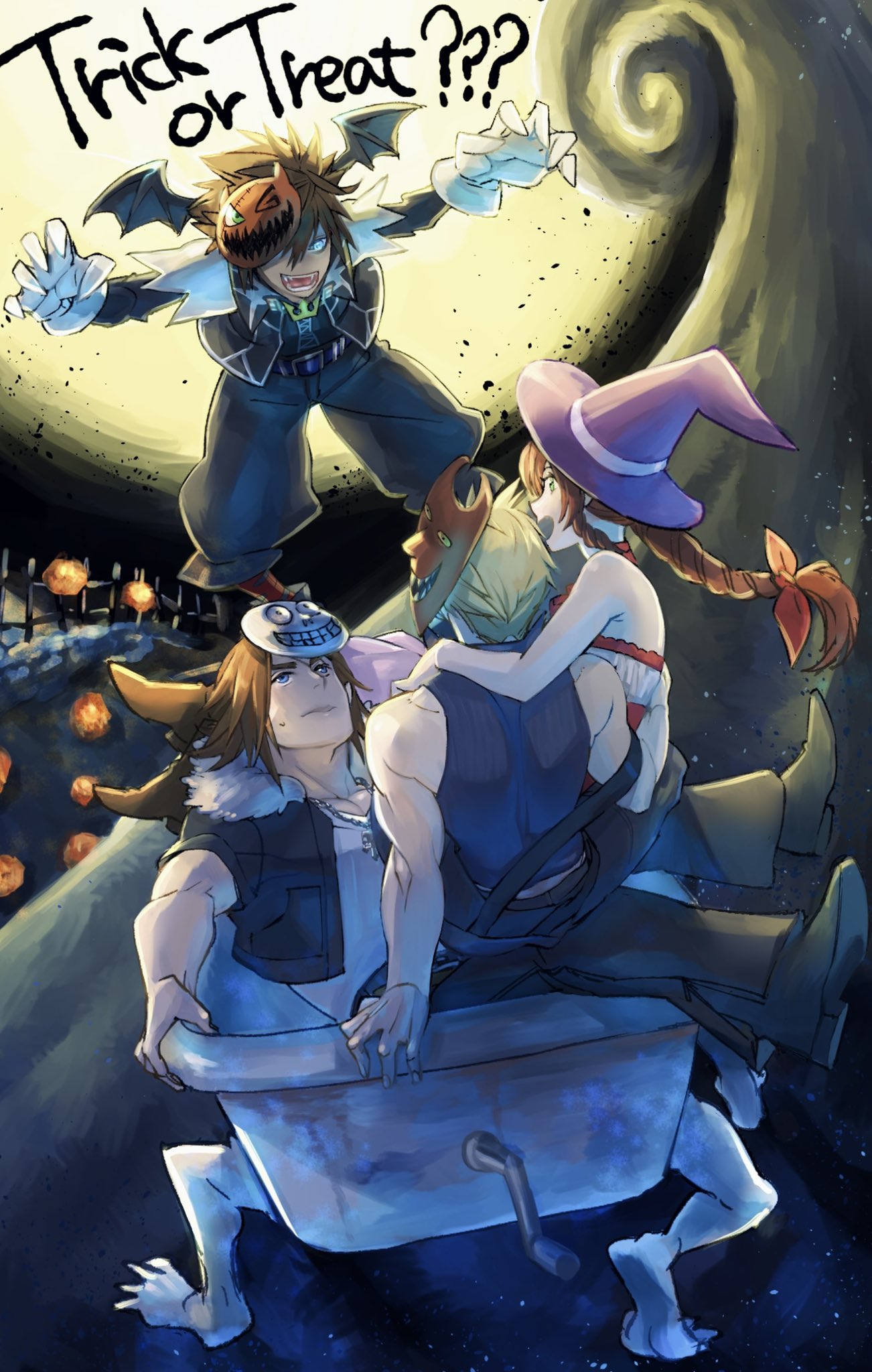 1girl, 3boys, aerith_gainsborough, arm_around_back, arm_around_neck, baggy_pants, bare_arms, barrel_(nbc)