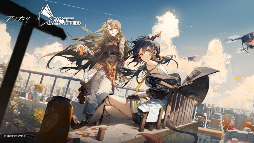 2girls, ambience_synesthesia, arknights, black_gloves, black_jacket, black_shirt, black_shorts, blue_hair