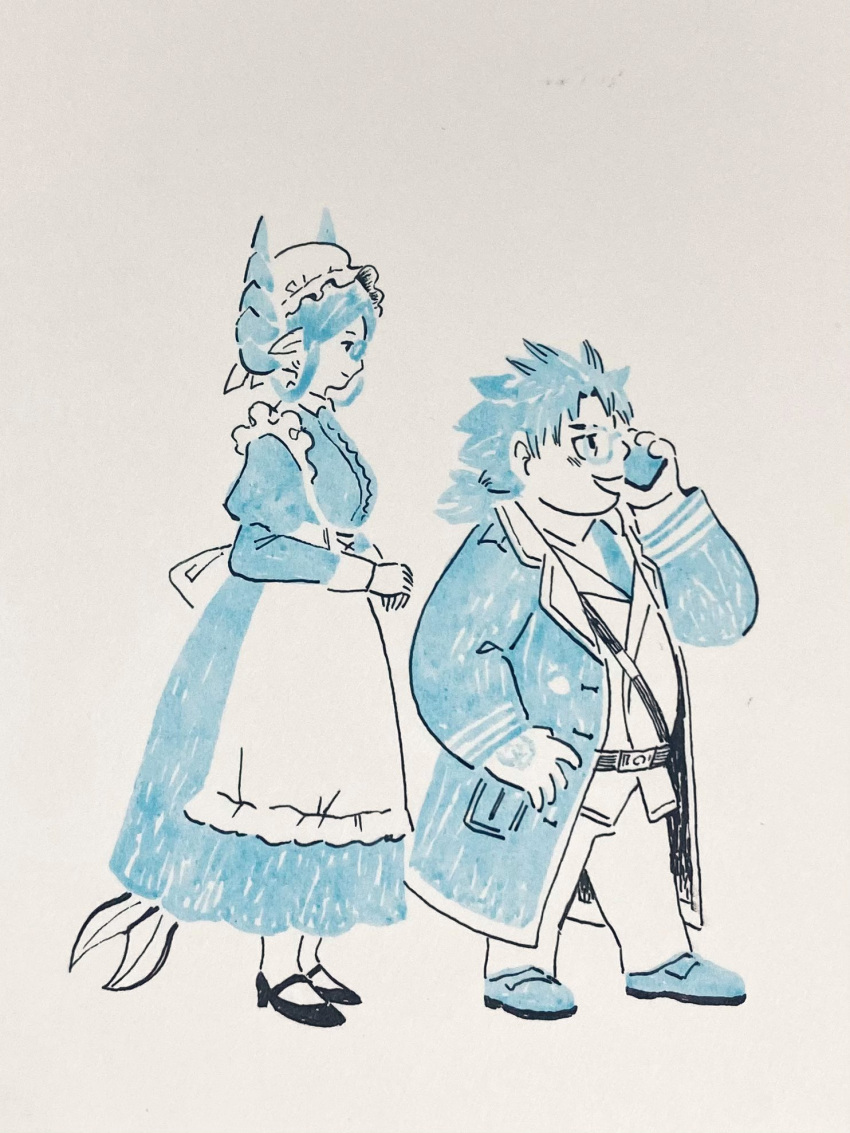 1boy, 1girl, apron, belt, blue_theme, coat, collared_dress, collared_shirt, commentary, dragon_girl, dragon_horns, dress, fish_tail, frilled_apron, frills, full_body, glasses, hand_on_hand, hat, highres, holding, holding_phone, horns, jacket, licht_(housamo), long_sleeves, looking_at_another, low_ponytail, maid, medium_hair, melusine_(housamo), mob_cap, necktie, phone, plump, pointy_ears, puffy_long_sleeves, puffy_sleeves, shirt, short_hair, simple_background, tail, talking_on_phone, tokyo_afterschool_summoners, tsukinowadou
