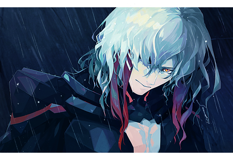 1boy, :|, armor, bangs, black_armor, body_armor, cape, cleavage_cutout