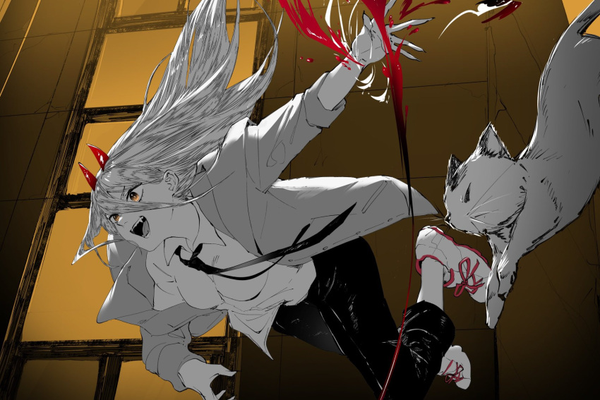 1girl, 1other, black_necktie, black_pants, building, cat, chainsaw_man, collared_shirt