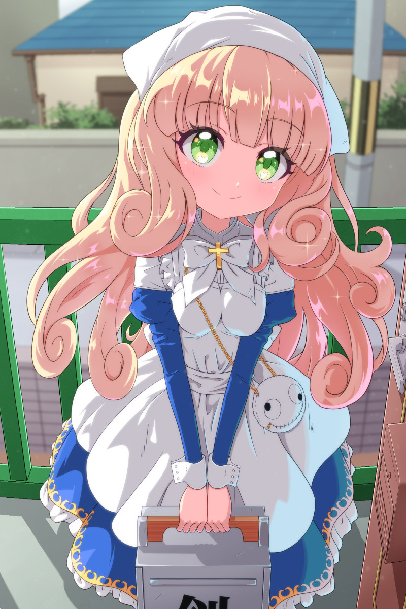 1girl, blonde_hair, blush, box, breasts, closed_mouth, cross, dress, drill_hair, frilled_dress, frills, green_eyes, highres, holding, holding_box, jashin-chan_dropkick, long_hair, looking_at_viewer, mumyou_ishi, poporon_(jashin-chan_dropkick), shiny, shiny_hair, small_breasts, smile, solo