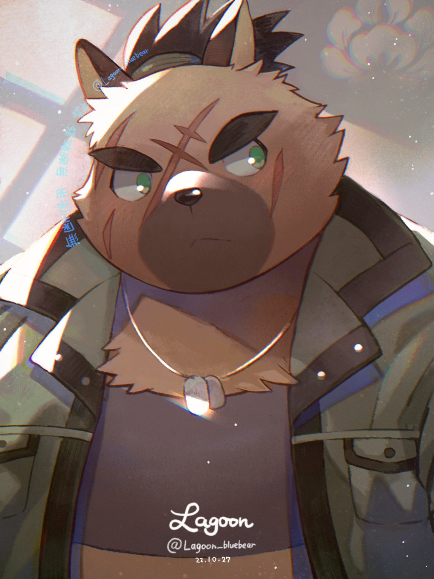 1boy, animal_ears, artist_name, black_shirt, blush, brown_fur, chest_tuft, commentary_request, dated, dog_boy, dog_ears, dog_tags, furry, furry_male, green_eyes, green_jacket, high_ponytail, highres, jacket, male_focus, ragun_(lagoon_bluebear), scar, scar_on_face, shirt, short_hair, solo, thick_eyebrows, tokyo_afterschool_summoners, twitter_username, upper_body, yasuyori_(housamo)