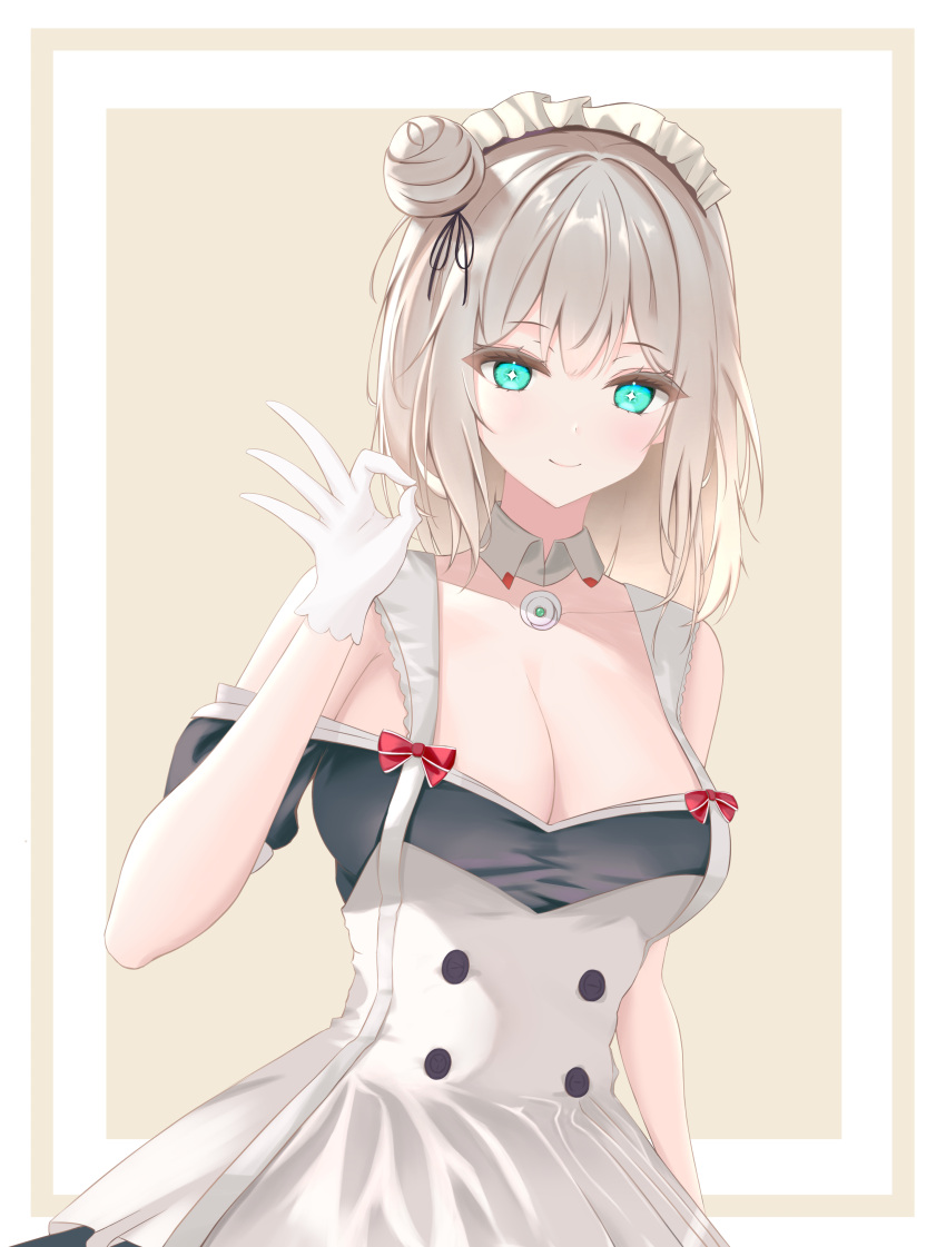 1girl, absurdres, azur_lane, bare_shoulders, blush, breasts, closed_mouth, gloves, highres, jewelry, light_smile, ling_yi_de_lei_ke, looking_at_viewer, maid, maid_headdress, manchester_(azur_lane), medium_hair, necklace, necktie, ok_sign, smile, solo, sparkling_eyes, white_gloves