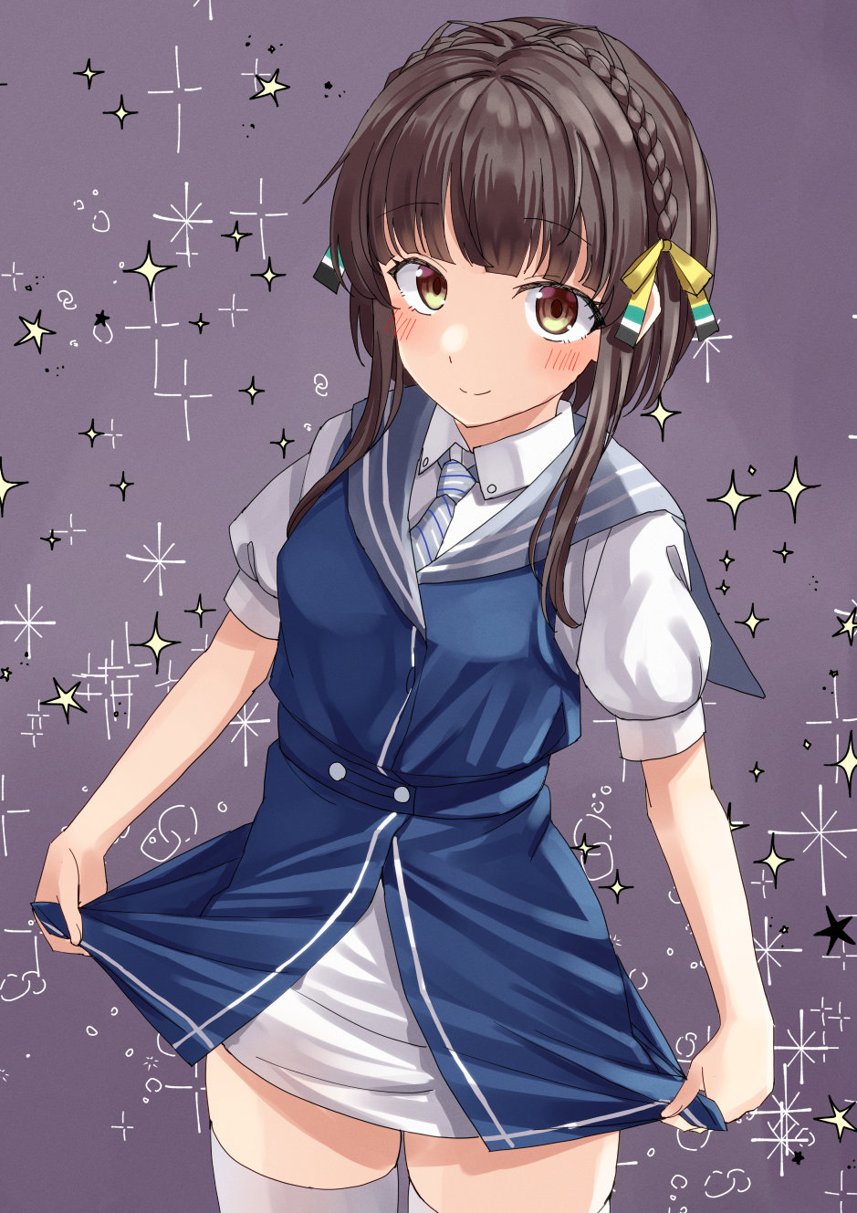 1girl, black_hair, blue_dress, brown_eyes, cowboy_shot, diagonal-striped_necktie, dress, dress_shirt