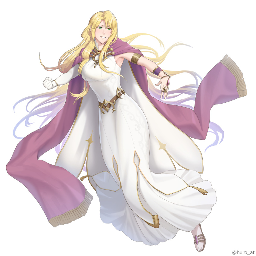 1girl, absurdres, armlet, asymmetrical_gloves, breasts, cape, clenched_hand, dress