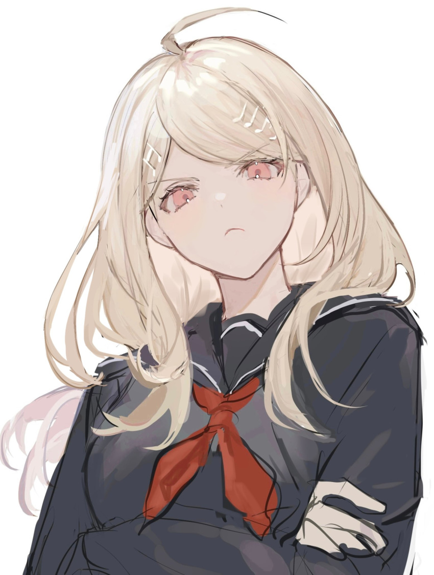 1girl, ahoge, akamatsu_kaede, black_sailor_collar, black_shirt, blonde_hair, closed_mouth, crossed_arms, danganronpa_(series), danganronpa_v3:_killing_harmony, hair_ornament, hairclip, highres, long_hair, looking_at_viewer, musical_note, musical_note_hair_ornament, neckerchief, nokoru_sora, official_alternate_costume, pink_eyes, red_neckerchief, sailor_collar, school_uniform, serafuku, shirt, simple_background, solo, uniform, upper_body, white_background