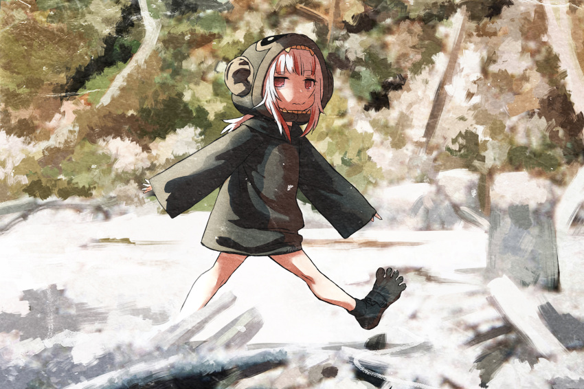 1girl, bigfoot, gawr_gura, haraya_manawari, highres, hololive, hood, looking_at_viewer