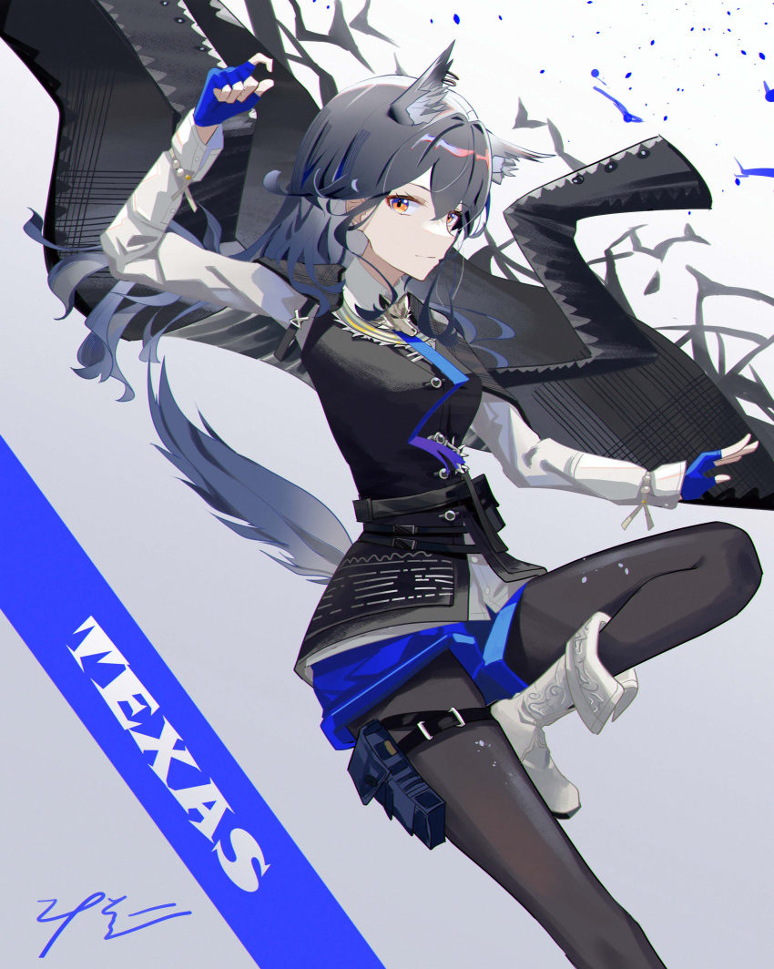 1girl, absurdres, animal_ears, arknights, arm_up, black_cape, black_pantyhose, black_vest