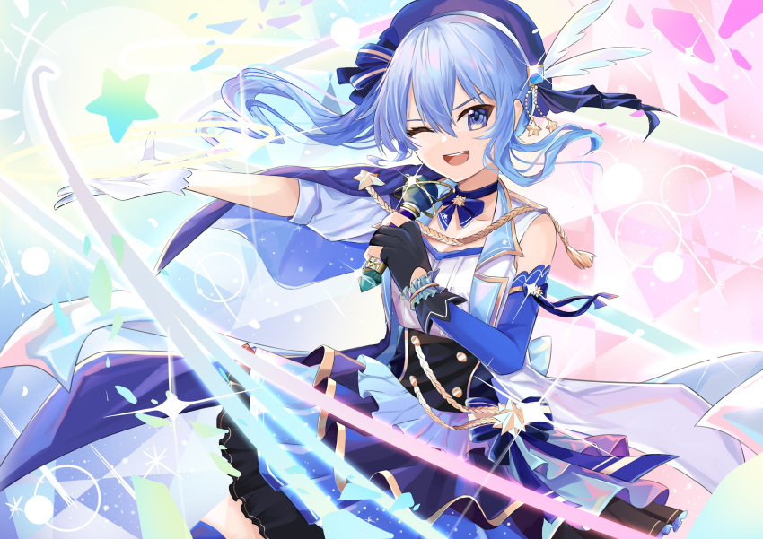 1girl, absurdres, alternate_costume, bangs, beret, black_gloves, blue_capelet, blue_eyes, blue_ribbon, blue_thighhighs, breasts, buttons, capelet, collarbone, commentary_request, cowboy_shot, detached_sleeves, double-breasted, dress, frilled_dress, frilled_ribbon, frills, gloves, gold_trim, hair_between_eyes, hair_ribbon, hat, hat_feather, hat_ribbon, highres, holding, hololive, hoshimachi_suisei, jiejeat, lens_flare, long_hair, looking_at_viewer, microphone, one_eye_closed, open_mouth, outstretched_arm, partially_fingerless_gloves, ribbon, shiny, shiny_hair, short_sleeves, side_ponytail, sidelocks, single_detached_sleeve, small_breasts, solo, sparkle, standing, star_(symbol), teeth, thigh-highs, upper_teeth, virtual_youtuber, white_gloves